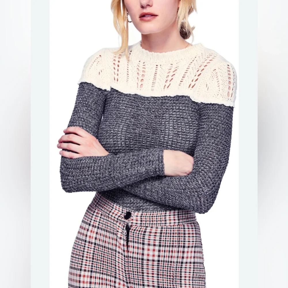 Free People Colorblock Crew Neck Sweater Gray‎ & Cream Boho Cottagecore Academia